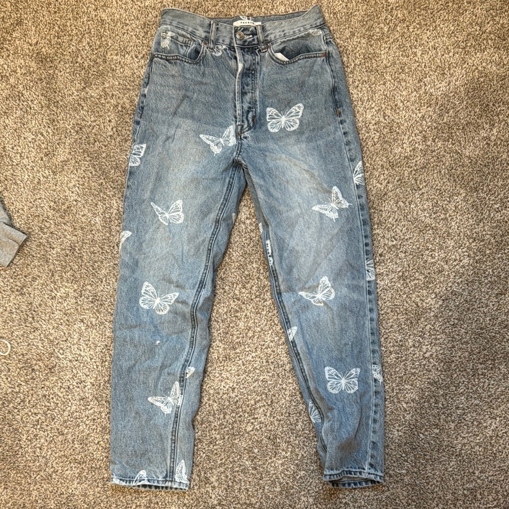PacSun Blue Straight Leg Jeans with Butterfly Details